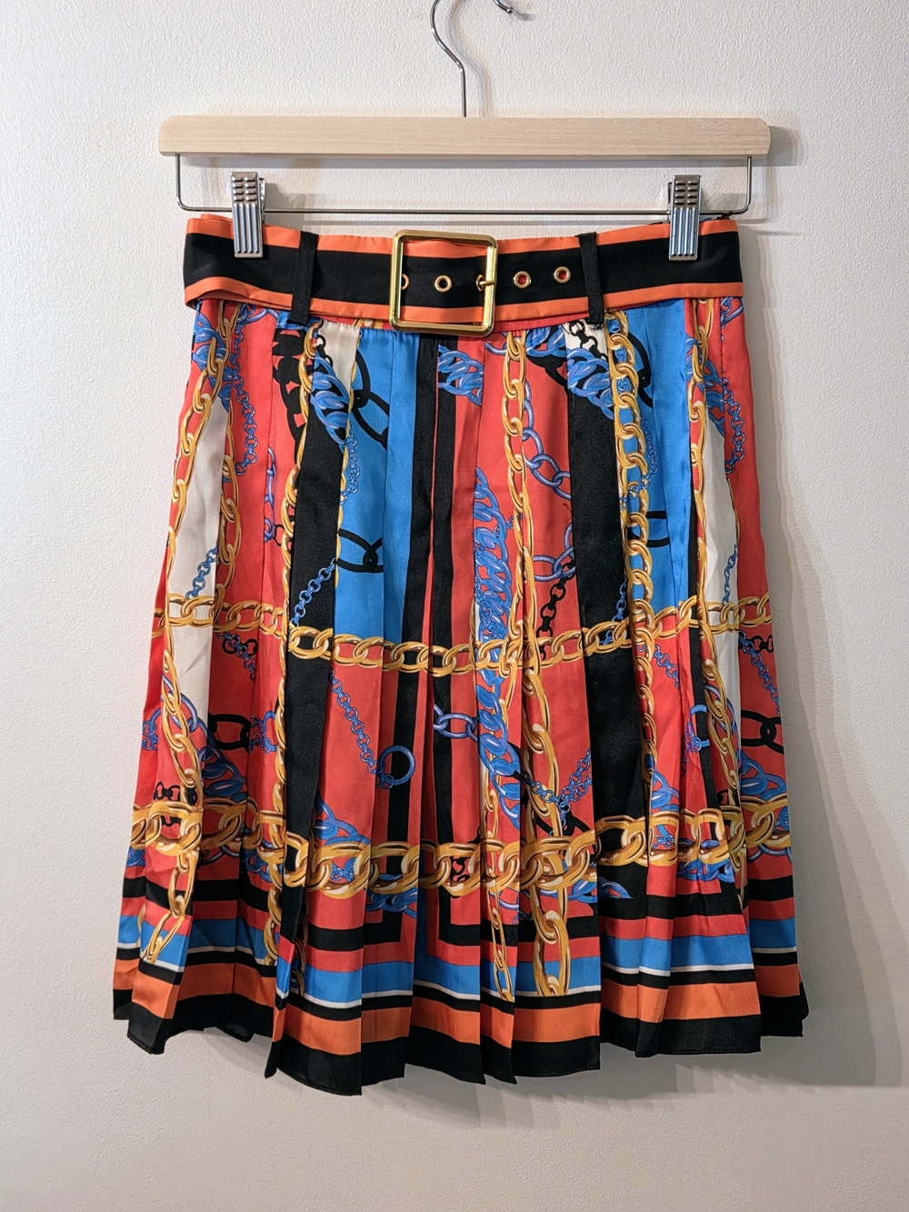 Zara Chain-Print Pleated Skirt with Belt